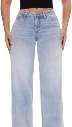 Mid-Low Rise Baggy Jeans Wide Leg for Women Distressed Pants Stretchy Bottom Lady Basic Comfortable Denim