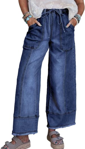 Women's Wide Leg Jeans High Waisted Baggy Jeans Stretchy Drawstring Denim Pants
