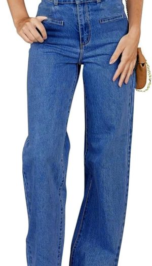 Women's Jeans High Waisted Straight Leg Stretchy Jeans Trendy Loose Wide Leg Denim Pants with Pockets