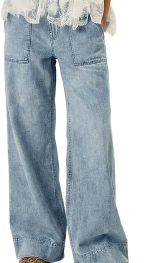 Women's Wide Leg Jeans Soft Baggy Low Mid Rise Elastic Waist Pull On Denim Pants Trendy