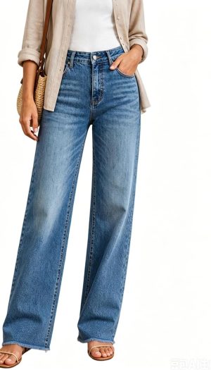 Womens High Waisted Jeans Stretchy Straight Leg Loose Fit Tummy Control Raw Hem Denim Pants Trendy Fashion