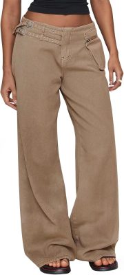 Womens Low Rise Wide Leg Cargo Jeans with Buckle Detail Multi Pockets 100% Cotton Baggy Denim Pants
