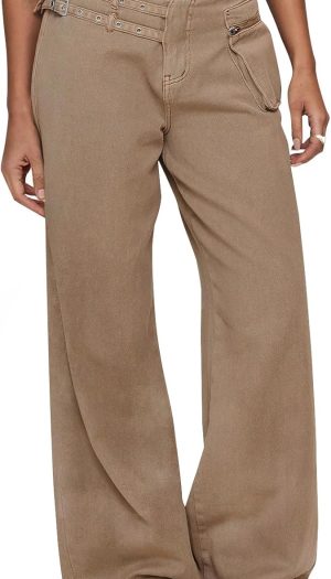 Womens Low Rise Wide Leg Cargo Jeans with Buckle Detail Multi Pockets 100% Cotton Baggy Denim Pants