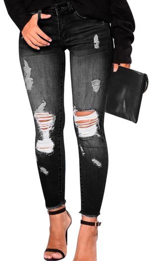 Women's Skinny Ripped Trendy Jeans Distressed Stretchy Denim Pants