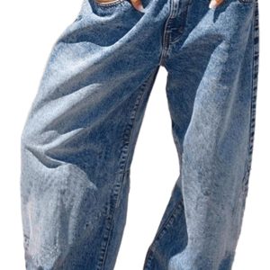 Women's Low Rise Baggy Jeans Heart Printed Straight Loose Denim Pants Knitted Waist Boyfriend Jeans with Pockets