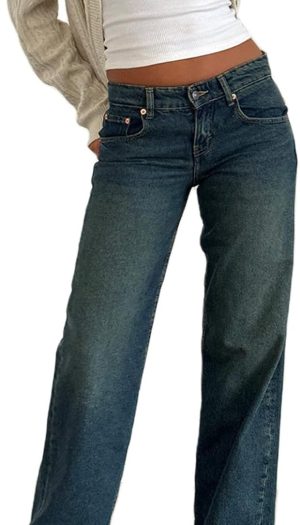 Low Rise Jeans for Women Mom Jeans Wide Straight Leg Baggy Jeans Vintage Boyfriend Denim Pants Streetwear