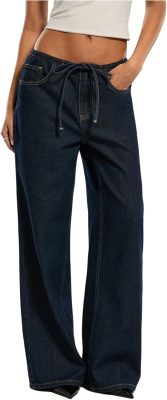 Women's Low Rise Jeans Trendy Baggy Wide Leg Denim Pants Casual Tie Drawstring Low Waisted Straight Trousers