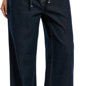 Women's Low Rise Jeans Trendy Baggy Wide Leg Denim Pants Casual Tie Drawstring Low Waisted Straight Trousers