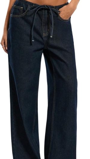 Women's Low Rise Jeans Trendy Baggy Wide Leg Denim Pants Casual Tie Drawstring Low Waisted Straight Trousers