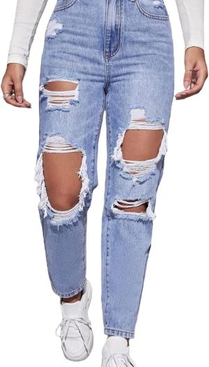 Women's High Waist Boyfriend Straight Leg Ripped Jeans Distressed Denim Pants