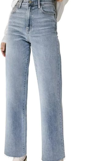 Straight Leg Jeans for Women High Waisted Jeans Frayed Baggy Pants Raw Hem Loose Stretchy Cropped Wide Leg Jeans