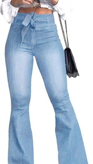 High Waisted Flare Jeans for Women Bell Bottom Jeans with Belt for Women Stretch Wide Leg Jeans
