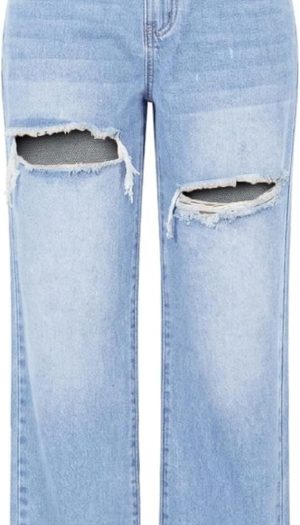 Womens Distressed Straight Leg Jeans High Waisted Wide Leg Baggy Jeans Boyfriend Casual Denim Pants.