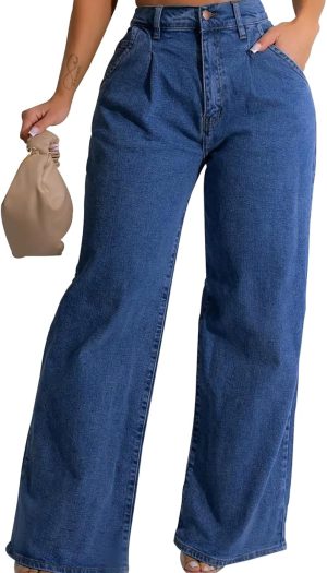 Women's Straight Leg High Waist Baggy Denim Jeans Loose Boyfriend Casual Stretchy Jeans