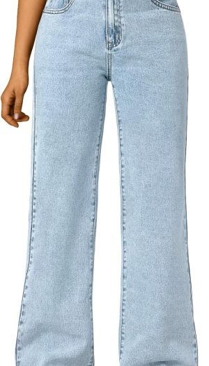 Women's High Waisted Straight Wide Leg Jeans, Comfort Stretch Baggy Denim Pants