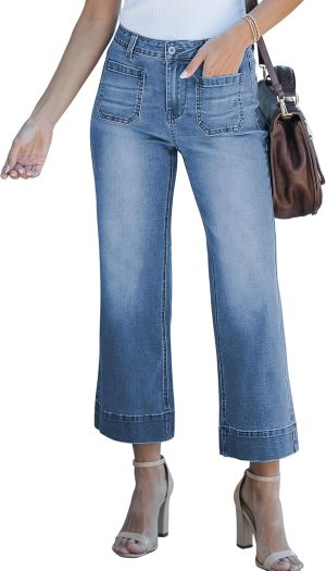 Wide Leg Jeans for Women Trendy High Waisted Flare Jeans Cropped Denim Pants Stretchy Baggy with Patch Pockets