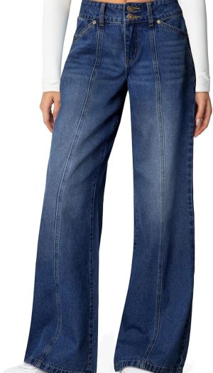 Women's Wide Leg Jeans High Waisted Stretchy Straight Leg Jeans Trendy Seamed Front Loose Denim Pants