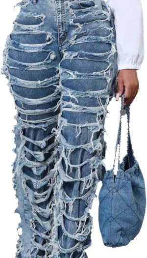 Women's Wide Leg Straight Jeans High Waisted Baggy Stretch Loose Denim Pants