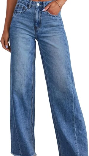 Women's Wide Leg Jeans High Waisted Stretchy Raw Hem Denim Pants