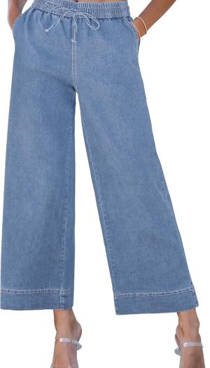 Wide Leg Jeans for Women High Waisted Cropped Pull On Jeans Elastic Wasit Drawstring Stretch Denim Trouser Pants