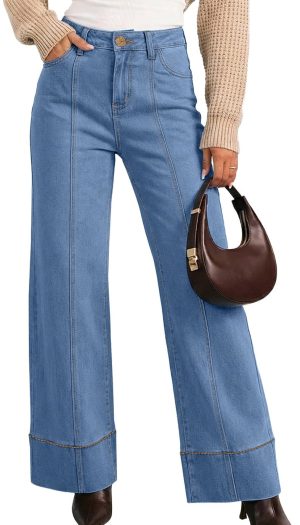 Women's Casual High Waisted Jeans Stretchy Wide Leg Loose Fit Denim Pants with Pockets