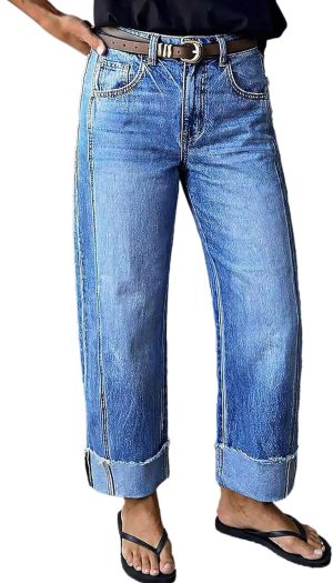 Mid Rise Straight Leg Jeans for Women Wash Seam Front Roll Raw Hem Denim Pants Without Belt