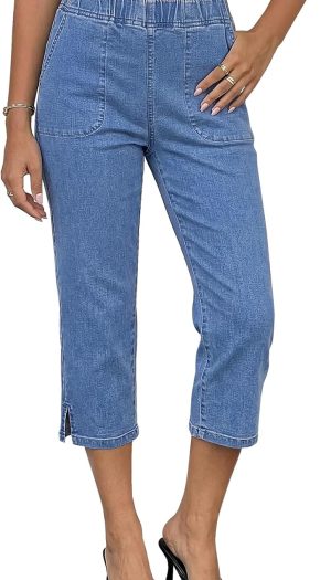 Capri Jeans for Women Trendy Pull On Elastic Waist High Rise Side Split Stretchy Straight Leg Denim Capris Pants