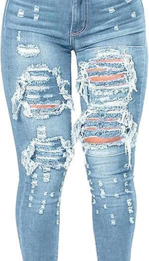 Women's High Waist Plus Size Destroyed Jeans Slim Skinny Ripped Trousers Stretch Denim Pants