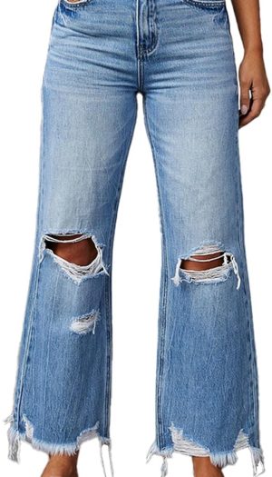 Women's Ripped Bell Bottom Jeans High-Rise Distressed Raw Edge Hem Boyfriend Wide Leg Denim Pants