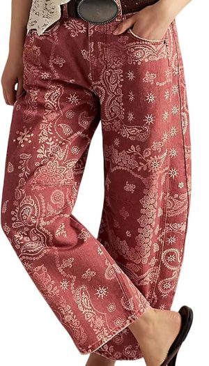Women Boyfriend Baggy Barrel Jeans Floral Print Denim Ankle Pants Wide Leg Mid Rise Jeans Sweatpants Patchwork