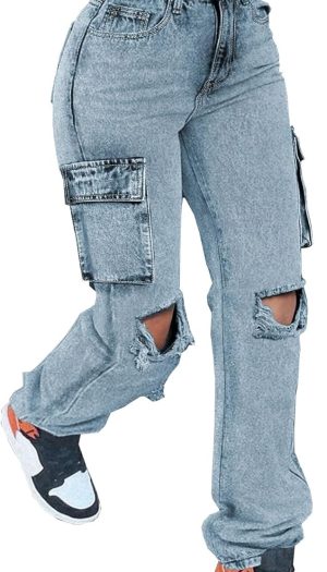 Women's Distressed Ripped Cargo Jeans High Waisted Straight Leg Denim Pants