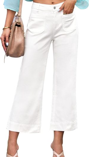 Wide Leg Jeans for Women Trendy High Waisted Flare Jeans Cropped Denim Pants Stretchy Baggy with Patch Pockets