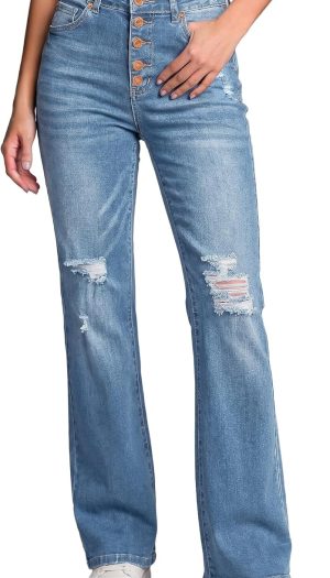 High Waisted Ripped Flare Jeans for Women Distressed Bell Bottom Jeans Wide Leg Pants